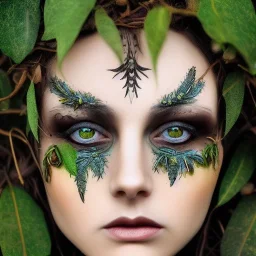 Portrait of beautiful girl, plant, metal, feathers, Dryad, fae, sidhe, ominous, nature, plants, wildflower, facepaint, dnd character portrait, intricate, oil on canvas, masterpiece, expert, insanely detailed, 4k resolution, retroanime style, cute big circular reflective eyes, cinematic smooth, intricate detail , soft smooth lighting, soft pastel colors, painted Renaissance style, 800mm lens