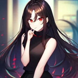 Clear focus,High resolution, black long hair, Vibrant red eyes, Emo style, Black skirt, wearing a black shirt sleeveless, Wearing black and red cutsleeves, Hand near chin