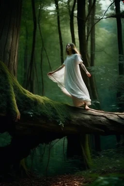 figure of a girl, dressed in a gauze nightgown, levitating on a trunk, in a very lush forest, cinematographic image