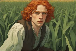 (he looks like Courtney Gains) malachai of the corn, a handsome young delicate beautiful softly freckled man in his 20s with green eyes and long, curly red hair, lost in the deep green cornfield, elegant, clear, painting, stylized, art, art by alphonse mucha, vincent van gogh, egon schiele