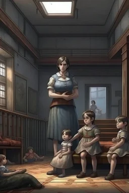 a giant woman protect 3 children, realistic style, interior of asylum