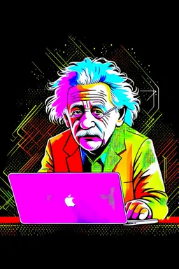 albert einstein in with laptop vivid colors