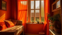 The orange house with window is a cozy place to relax. The sun peeks through the curtain, warming the room. It's the perfect place to relax with a good book and a cup of tea. Imagine the view from that window!