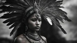 Photoreal side view of an unearthly gorgeous indigenous godlike mayan girl adorned in clothes adorned with feathers that flutter with every step exuding beauty on an old ship shrouded in extreme pitch black darkness by lee jeffries, otherworldly creature, in the style of fantasy movies, shot on Hasselblad h6d-400c, zeiss prime lens, bokeh like f/0.8, tilt-shift lens