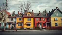 Fotografia di strada random assurda e falsa orripilante Moldavia Transnistria Adighezia weirdcore dai colori vivaci. Non luogo falso, inusuale. Max Ernst. Le case sono false e dipinte di chiaro con cose stilizzate e dettagli. Ci sono strane. , che danno un senso distopico e molto surreale, disposte in modo casuale. L'atmosfera generale sembra noiosa e onirica, con un contrasto tra elementi reali ed elementi dipinti falsi, René Magritte