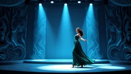 modern stage with gray-blue theme artistic decoration , color full dynamic lighting, a beautiful lady in modern maxy dark green dress with shining jwells dancing, 3D recursive fractal structure animating background