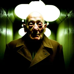 very grainy discolored photo, portrait, dark sewer with no light, grunge, 2000s Russia, punk, outcast, rough, confident, bald older male wearing a coat, extremely pale skin, large flesh bulbs grow out of his face and covering a lot of it, face is disproportionally deformed, hunchback, sewer dweller