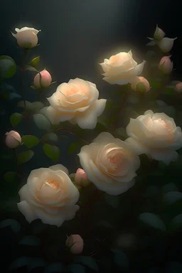 magic A bush of delicate tea roses of dark cream color, the plant is ultra-detailed, rain, beautiful landscape, fog, many details, delicate sensuality, realistic, high quality, 3d, hyperdetalization, filigree, hazy haze, hyperrealism, professional, transparent, delicate pastel tones, back illumination, contrast, fantastic, unreal, translucent, glowing, clear lines, epic fabulous, fabulous landscape, hyperrealism