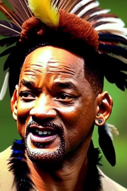 ein perfektes bild von will smith als indianer,kopf portrait,realistic, steinzeit, perfect face, sharp focus, woods, kostüm, häuptling, federn,8k quality, night ,stars