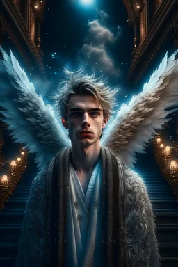 hair standing straight up, fluffy clouds, intense eyes,looking upwards, white pupils, close facial portrait of the streetwise magician posing in elaborate cape, angels and demons, fireflies , staircase with closed gates of heaven, 4 k, down light, depth of field, trending art, high detail