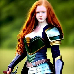 realistic, hyper detailed, stunningly beautiful 16 year old teen girl, long ginger hair, green eyes, medium freckles, full lips, revealing leather armour, full body and head, c-cup breasts, stern expression, full frame, petite, ignore NSFW, shortbow, quiver on hip