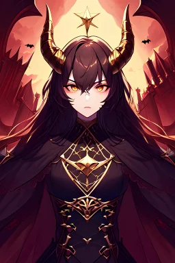 Possessed, vampire queen, front facing, dark, gold horns, dark castle background