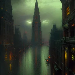 Skyline Gotham city by Jeremy mann, point perspective,intricate detail,john atkinson Grimshaw
