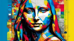 Abstract contemporary portrait inspired by Mona Lisa with modern printed pop art and paint on her face. Bright, colorful, conceptual modern art collage design.