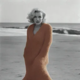 Marilyn monroe with long plaids, in a large orange woollen sweater, on the beach, in the sun, wind
