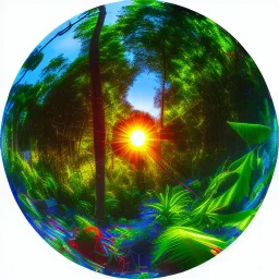 Sunset in a dense lush tropical jungle with lawn chairs, blue red and yellow. Warp. Fisheye. Bokeh. Psychedelic.