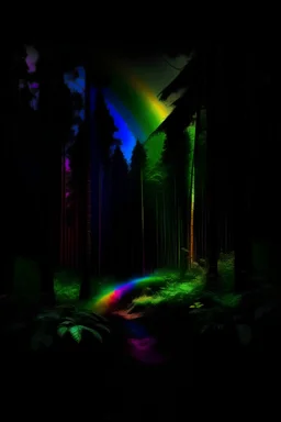 a wild and vibrant forest, with a black background and rainbow coloring