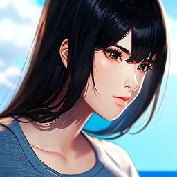 black haired woman, casual clotting, realistic, HD4k, watery cloud background, close up shot,
