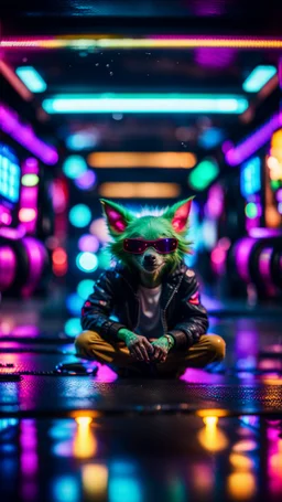 camera angle from feet, portrait of slick lord water wolf Gremlin myth buster pimp ninja yoga cyber punk in flying hipster car parked in dark neon lit reflective wet arcade hall tunnel,bokeh like f/0.8, tilt-shift lens 8k, high detail, smooth render, down-light, unreal engine, prize winning