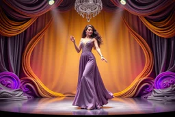 modern stage with gray-dark yellow blueish violet theme artistic decoration , color full dynamic lighting, a beautiful lady in maxi dress with shining silver jewels ,curvy long hair,dancing, 3D recursive fractal structure animating background