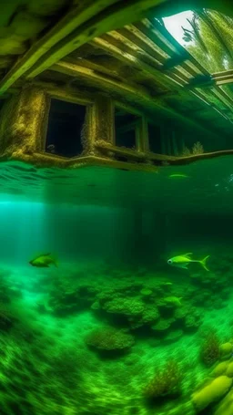 Living under the water in an abandoned old houses with all kind of marine life