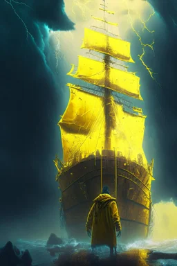 dead seafarer in yellow raincoat on enormous living wooden ship, storm clouds, lightening, volumetric light,depth of field, fantasy art, 4k, highly detailed, sunbeam