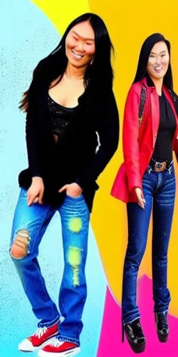 baggy jeans. Fashion colors 2023. Scarlett Johanssen and Asa Akira, shimmer. Blocks of fashion colors in the background of the image. Cool fashion outfit for the year 2023