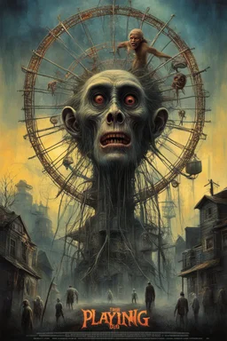 Modern horror Movie poster for text "PLAYING DEAD" layout by Drew Struzan, style of Zdzislaw Beksinski and Dariusz Klimczak, surreal carnival materializes in small New Hampshire town, rickety Ferris wheel spinning out of control, giant devil monkey spirit rules over all, eerie, uncanny, ghastly surreal horror, double exposure effect, dark colors, dramatic, text: "PLAYING DEAD"