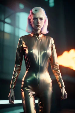 retro sci-fi portrait image from 1980, New York street explosions, fire, scared people, sweet young blonde woman walking, tight latex suit, soft color, highly detailed, unreal engine 5, ray tracing, RTX, lumen lighting, ultra detail, volumetric lighting, 3d, finely drawn, high definition, high resolution.