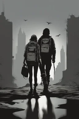 four persons, standing, silhouette, comic book,post-apocalypse, gray background, backpack,