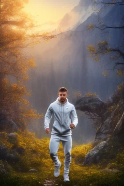 running men portrait , white jogging suite , in the sunset Alps, golden light , holding leaves and flowers , angels background, volumetric light, high detail, dark leaf tree, dark mountains in background, perfect