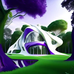 Casa campestre estilo Zaha Hadid obra de arte detallada color blanco crema y violeta impactante árboles verdes foto realista 8k