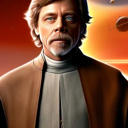 digital art portrait of (Mark Hamill as Luke Skywalker) ((dressed in plain jedi tunic)), surrounded by 100 planets, ultra-detailed, ultra quality illustration, eerie atmosphere, 8k, cinematic lighting