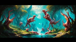 Surreal landscape art, inspired by Salvador Dali and Hieronymus Bosch, hyper-detailed digital painting, with elements of flesh and body parts forming the landscape, intricate textures and lighting, vibrant colors, dreamlike atmosphere.