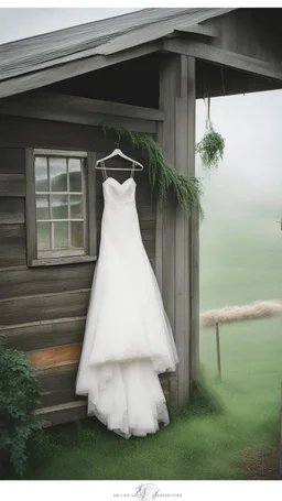 A wet washed wedding dress hanging on a rob on a farm with barely farm, a stormy foggy sky in the background