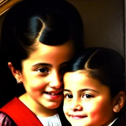 portrait of sisters Eira Santiago Arnau 10 year old and Dalia Santiago Arnau 6 year old by Velazquez,smiling, oil on canvas, cinematic composition, extreme detail,8k,fit full head inside picture,