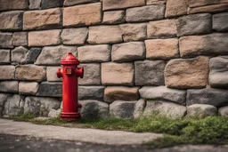 Fire hydrant standing by stone wall. Full-frame , 100mm lens, f/1.2 aperture, ISO 100, shutter speed 60 seconds. Cinematic lighting, Unreal Engine 5, Cinematic, Color Grading, real time Photography, Shot on 70mm lense, Depth of Field, DOF, Tilt Blur, Shutter Speed 1/2500, F/13, White Balance, 45k, Super-Resolution, Megapixel , ProPhoto RGB, VR, tall, epic Lighting, Natural Lighting, Incandescent, Optical Fiber, Moody Lighting, Cinematic Lighting , Studio Light