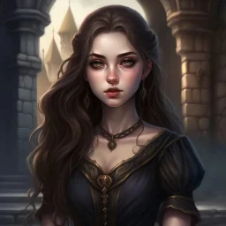 pretty girl, young, brown hair, conventionally attractive, tight top, curvy, fit, necromancer, sorcerer