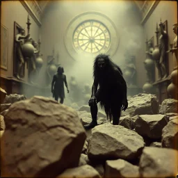 photo, 1920 horror movieshot, rocks, very odd objects in background, Ades, Charon, tenebroso, macabro, marcio, interno museo, fiotti di liquido nero che zampillano, hypermaximalist, strangeness, sundial light, odd, intricate, Lawrence Alma-Tadema style, albero, hypnotic, eerily mysterious, artistic photo, shot on Hasselblad, sadness, follia, smoke, daguerrotype