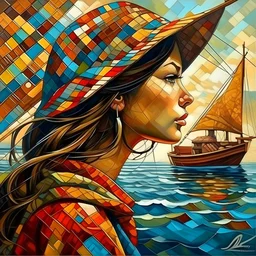 Patchwork, smooth curves, oil painting style, A woman head profile is fishing on a fishing boat john romita sr.