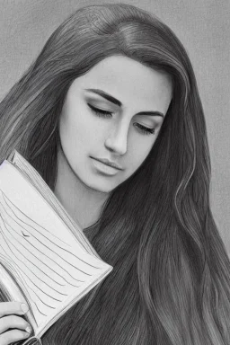 Pencil sketch of Young woman, Arab features,sad, long wavy hair, reading a book, full body، on lined paper