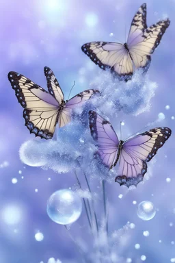 Lavender and light blue butterflies and bubbles in the snow