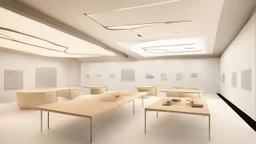 Designing an exhibition hall for a museum about heritage in the southern region of Saudi Arabia. The tables and display places look as if they were carved in the same building, and an entry method for natural lighting through the ceiling, and the use of a display method with holograms and screens, a modern and imaginative style, and the use of geometric shapes, flowing lines, and engravings. Arabic