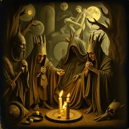 Daguerrotype close up some mysterious figures, odd background, ritual, Hieronymus Bosch Max Ernst ambient light, by Minicavio Quollati and Marlost Endgulp, Amano, Botticelli, Alphonse Mucha