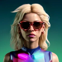 Shakira, artist, 30 years old, Realistic image, waist up portrait, etro style dress. Gucci sunglasses. Blonde, loose long hair, eyes make up, perfect, glow, circle iris. Neon colors, leds. Cyberpunk. concept art, smooth, unreal engine 5, god lights, ray tracing, RTX, lumen lighting, ultra detail, volumetric lighting, 3d, finely drawn, high definition, 4k.