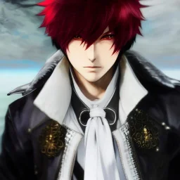 Detailed anime boy, crimson red hair, long classic taper hairstyle, dante dmc5 hairstyle, wolf ears protruding out, white trench coat, intricate details, full body portrait, keep head in frame, slight smile, black Japanese motif, concept art, highly detailed, digital painting, concept art, sharp focus, illustration, art by Yoji Shinkawa, WLOP and greg rutkowski and alphonse mucha and artgerm and yanjun Chen and Junji ito and Makoto Shinkai, HDR, octane render, highly detailed