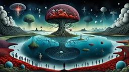 dreamlike inner world with uncontrolled mind and neurodivergens soul, alone human stands on floating island over surreal weird landscape with many little humans. island with deep dark colors. Whimsical strange style of Chagall, of Quentin Blake, and Yoshitaka Amano of Anton Semenov. weird absurd beauty nightmare, in background neuronic network, Whimsical surreal vibe, cinematic