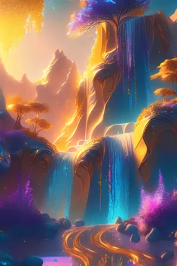 gold and blue crystal cosmic and galactic ambiance hill sky waterfall sunset trees pools river surreal, full of details, smooth, bright sunshine，soft light atmosphere, light effect，vaporwave colorful, concept art, smooth, extremely sharp detail, finely tuned detail, ultra high definition, 8 k, unreal engine 5, ultra sharp focus