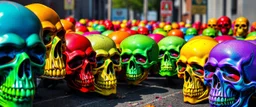 a field of skulls, multi colored, bright, vivid, psychedelic, high detailed, high gloss, insanly detailed, matte, horrorcore, lining the street, unsettling contrast
