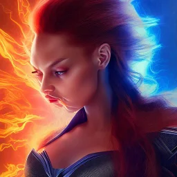 Dark Phoenix, X-Men , Jean Gray. hyperfantastic,hyperscifi,unreal engine 5.best colours,deep purple . fire theme .blue neon smoke.cinamatic,full cinematic lights.beautiful body and hands details,beautiful face details,8k,hyperdetails.by alan parker.ann dittman